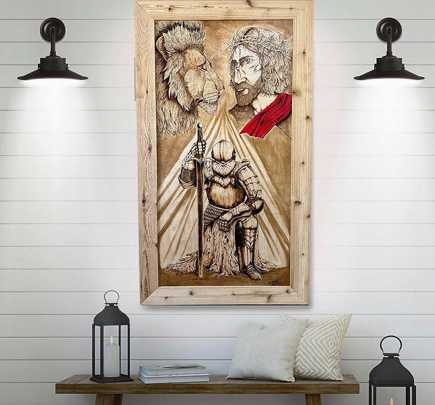 Lion of Judah & Armor of God Wood Burned Wall Art – Jesus & Lion Pyrography – Framed Christian Artwork – 54" Live Edge Faith Decor – One of a Kind
