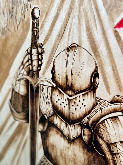 Lion of Judah & Armor of God Wood Burned Wall Art – Jesus & Lion Pyrography – Framed Christian Artwork – 54" Live Edge Faith Decor – One of a Kind