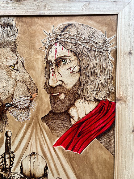 Lion of Judah & Armor of God Wood Burned Wall Art – Jesus & Lion Pyrography – Framed Christian Artwork – 54" Live Edge Faith Decor – One of a Kind