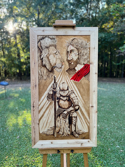 Lion of Judah & Armor of God Wood Burned Wall Art – Jesus & Lion Pyrography – Framed Christian Artwork – 54" Live Edge Faith Decor – One of a Kind
