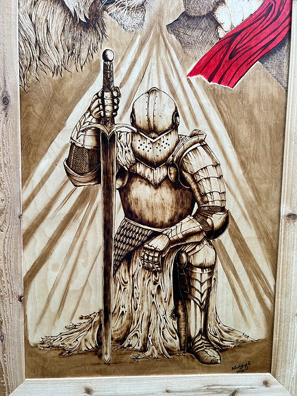 Lion of Judah & Armor of God Wood Burned Wall Art – Jesus & Lion Pyrography – Framed Christian Artwork – 54" Live Edge Faith Decor – One of a Kind