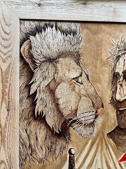 Lion of Judah & Armor of God Wood Burned Wall Art – Jesus & Lion Pyrography – Framed Christian Artwork – 54" Live Edge Faith Decor – One of a Kind