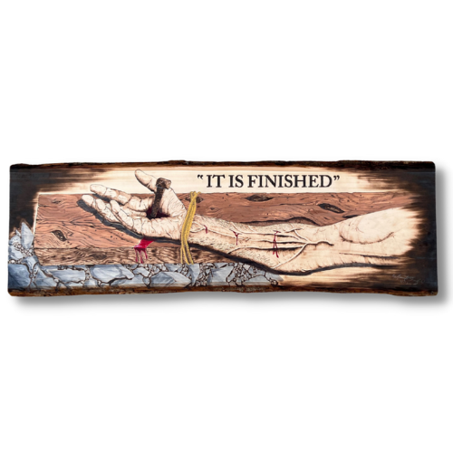 “It Is Finished” – Christian Woodburned Wall Art on Live Edge Basswood